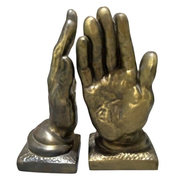 Praying Hands Brass Bookends By Gossa 8" Tall Pair Vintage Home Office Decor - Picture 4 of 15